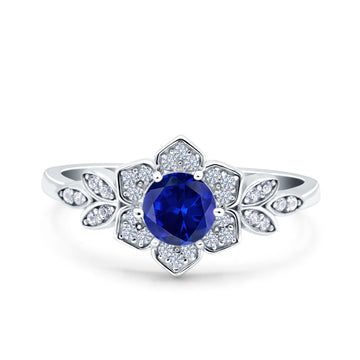 Halo Cluster Floral Wedding Ring Round Simulated Blue Sapphire CZ 925 Sterling Silver